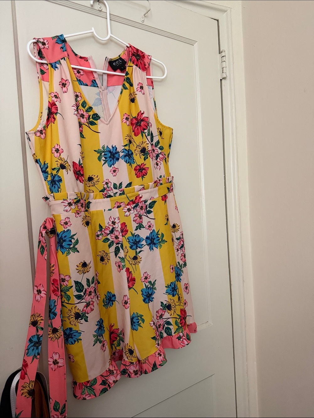 ECI Yellow Pink Blue Floral Stripe Sleeveless Romper size L